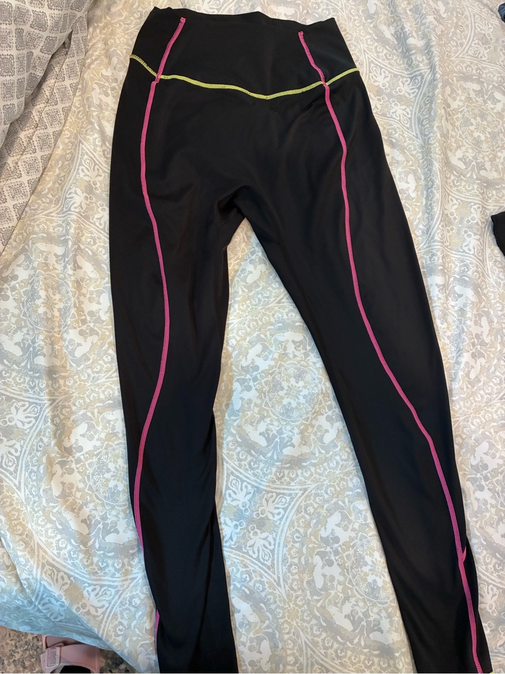BuffBunny Black workout Leggings with Pink and Lime Stitching